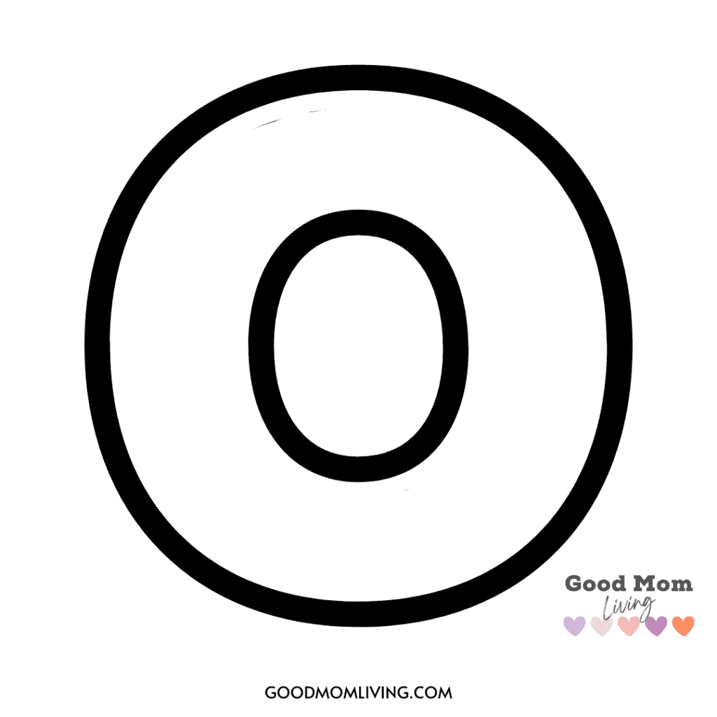A large, bold letter "O" with a smaller "O" inside, accompanied by the text "Good Mom Living" with colorful hearts at the bottom right corner.