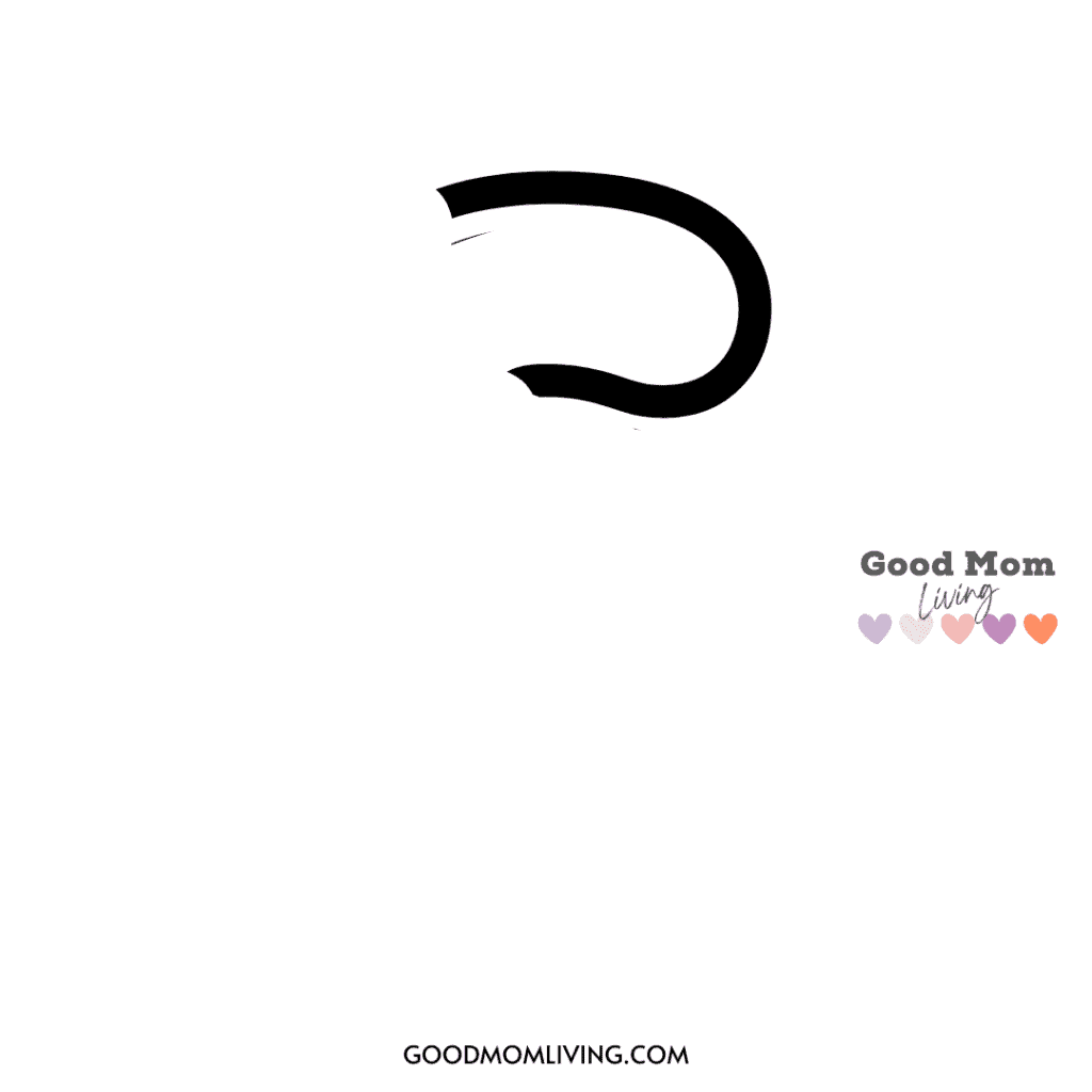 A minimalist white graphic with a black curved line resembling a stylized ear or part of a letter. The words 'Good Mom Living' are on the bottom right, above a line of small, colorful hearts. The website 'GOODMOMLIVING.COM' is written at the bottom.