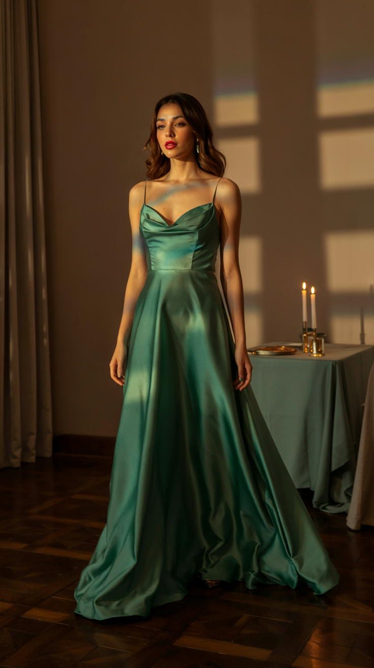 A woman in a flowing satin teal gown stands in a dimly lit room, with her hands at her sides, beside a table with lit candles.