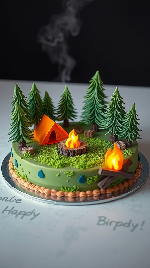 A green birthday cake decorated to resemble a camping scene with fondant trees, a small orange tent, and a campfire, set on a grassy surface with wood accents.