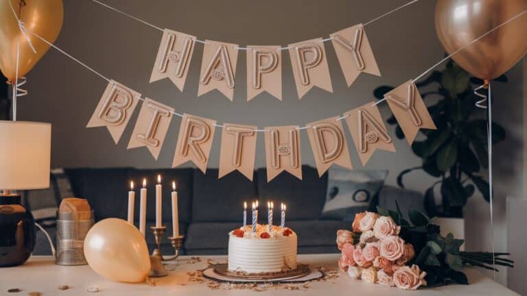 Birthday setup with a cake topped with candles, a "Happy Birthday" banner, balloons, lit candles, and a bouquet of roses.
