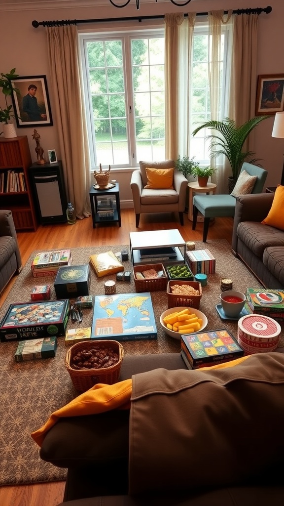 A cozy living room setup with a variety of board games and snacks for a game night.