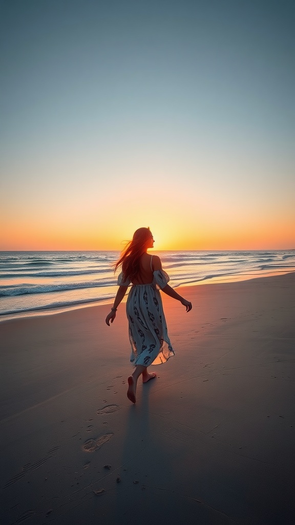 A woman in a dress walking along a beach at sunset.