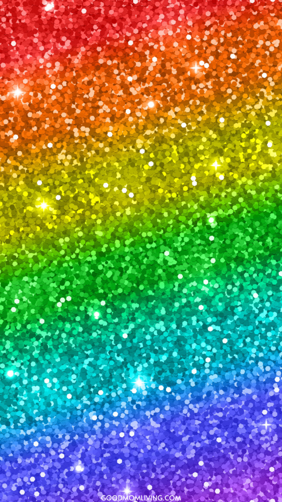 A sparkling rainbow gradient background featuring various shades of red, orange, yellow, green, blue, and purple, with bright star-like glimmers scattered throughout.