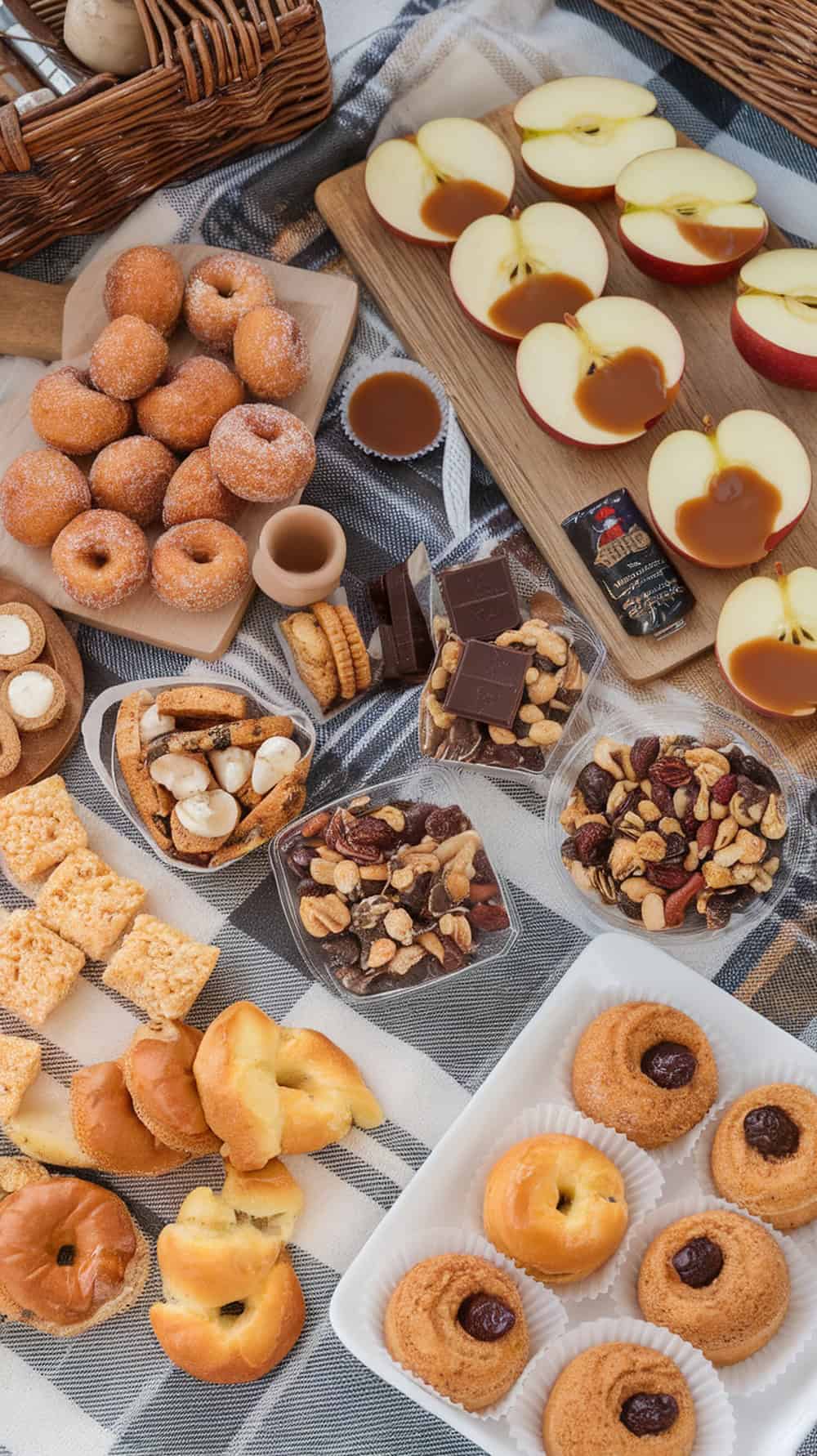 An assortment of desserts and snacks including caramel apples, pastries, chocolates, nuts, and cookies on a checkered cloth.