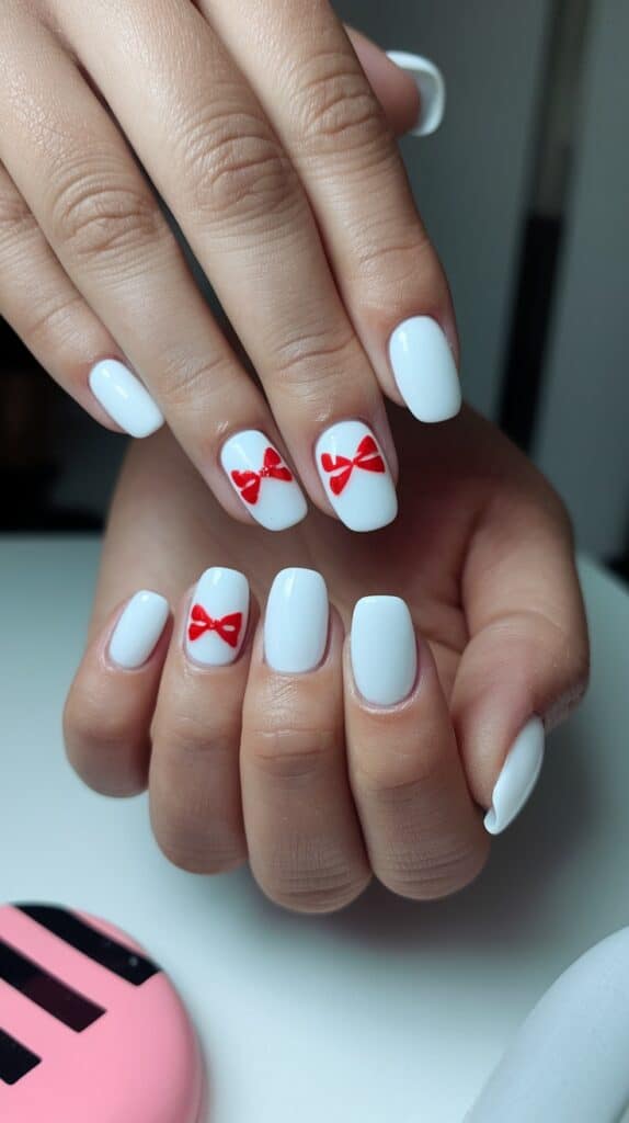 Hands with white manicured nails, featuring a red bow design on the ring fingers, resting on a white surface.