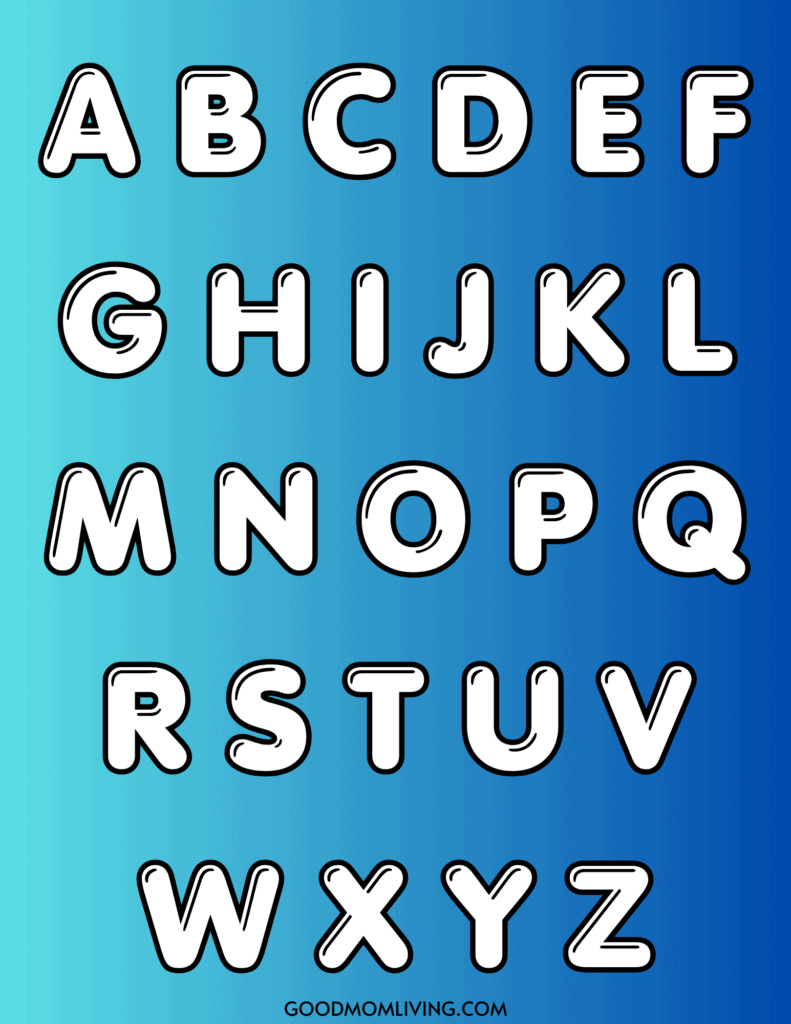 The English alphabet letters A to Z displayed in bold, white font with black outlines on a blue gradient background.