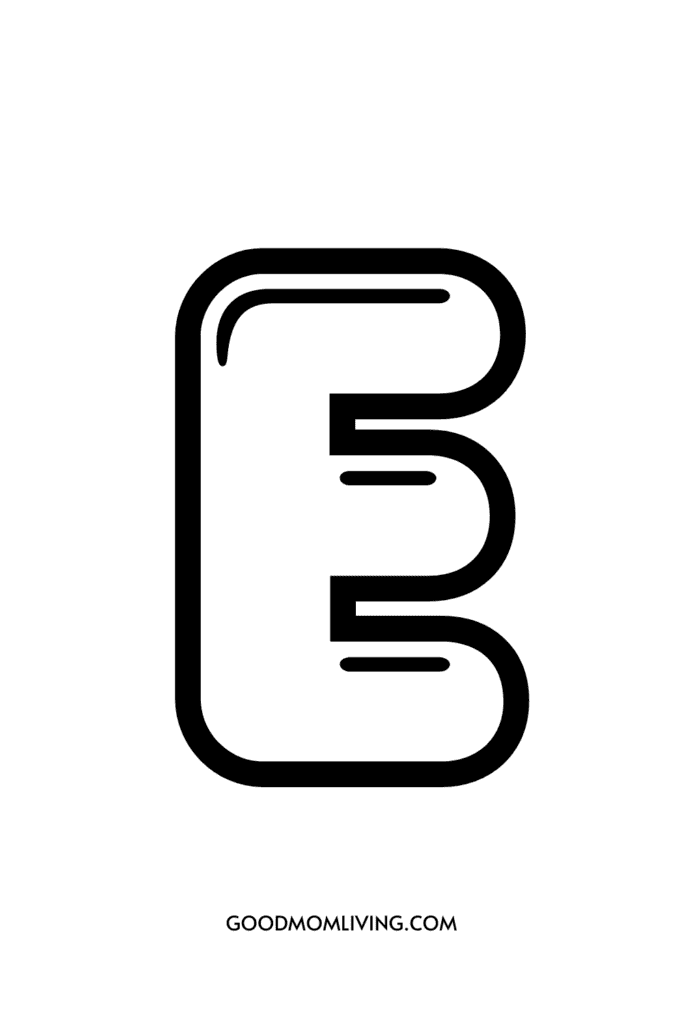 A stylized black letter 'E' with a rectangular outline and rounded corners; "GoodMomLiving.com" is written below it.