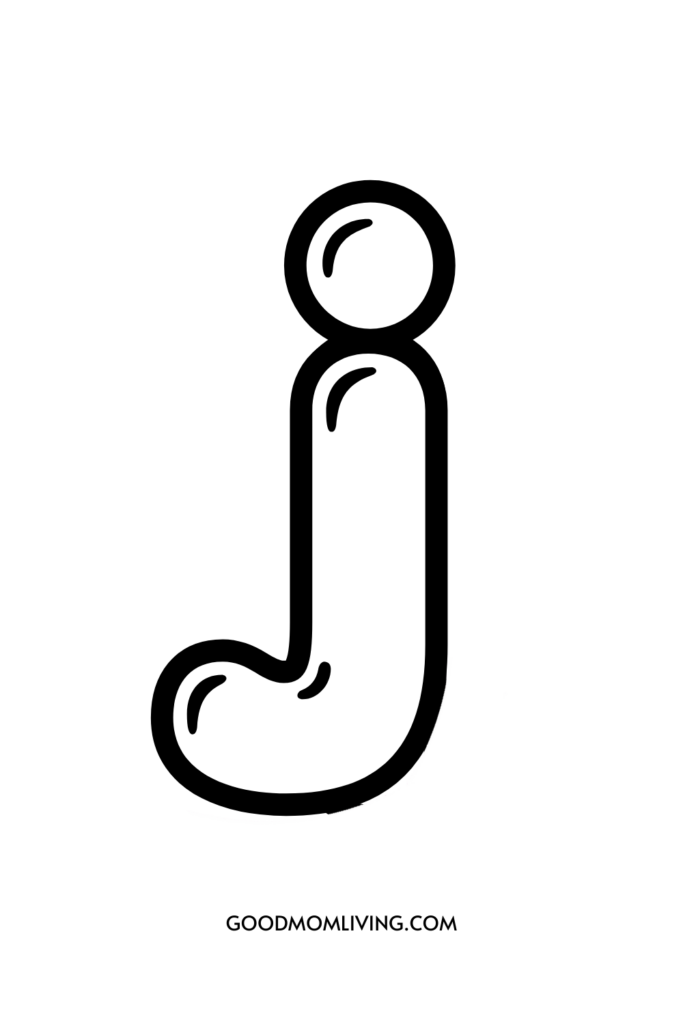 Black and white illustration of the letter 'J' with rounded edges and a playful, cartoonish design.