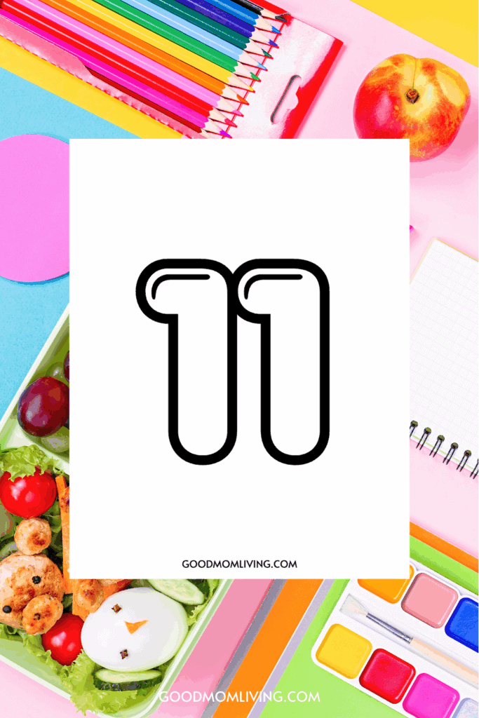 Number 11 in a stylized font on a background with colorful pencils, a notebook, a lunchbox with food made to resemble animals, and watercolor paints.