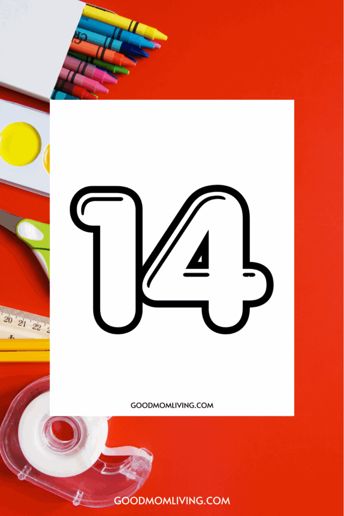 A bold, outlined number 14 is printed in black on a white background, surrounded by school supplies including crayons, paint, scissors, a ruler, and tape, set against a red surface.
