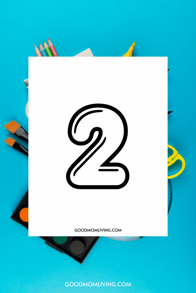 A bold, black outline of the number 2 set against a white background, surrounded by art supplies like colored pencils, paintbrushes, scissors, and paints on a blue surface.