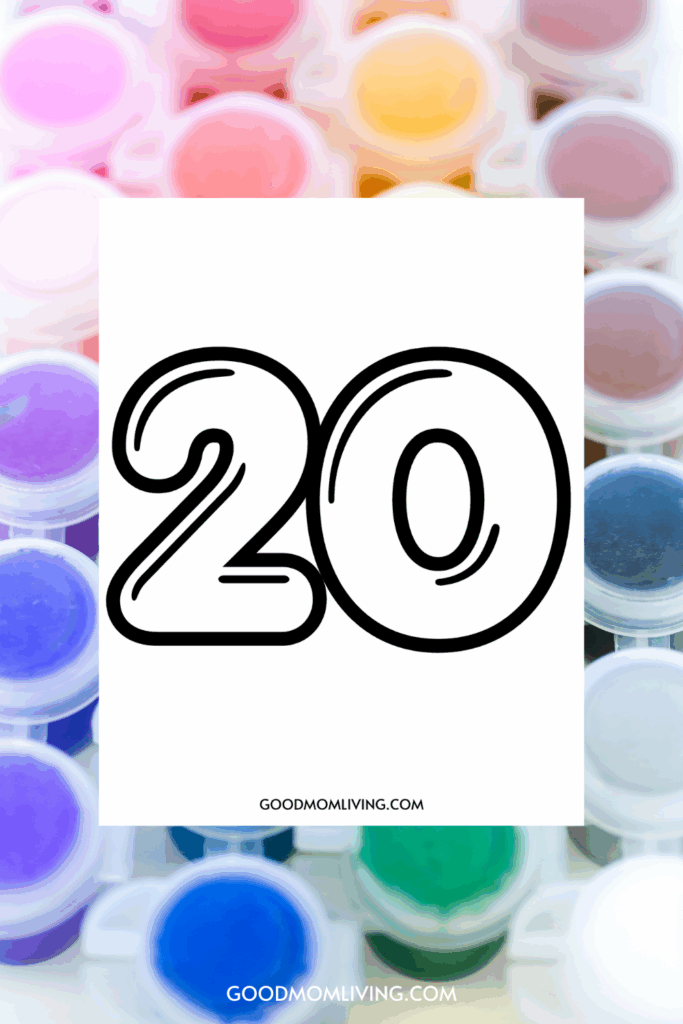 The number 20 in bold black on a white background, surrounded by colorful paint pots in various hues such as pink, yellow, and blue, with the website 'GOODMOMLIVING.COM' printed below.