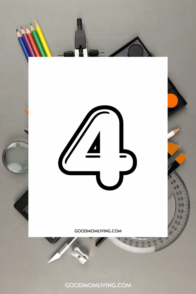 A large, stylized number 4 is centered on a white paper, surrounded by various art supplies including colored pencils, a magnifying glass, a compass, a protractor, and paintbrushes, all arranged on a gray surface.
