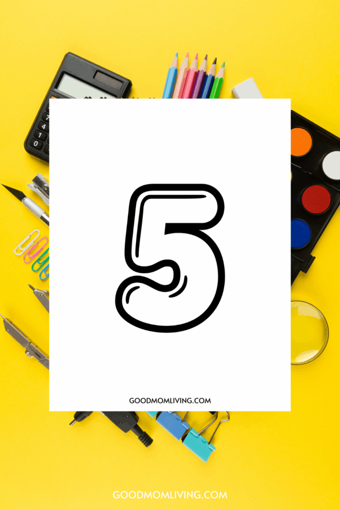 A bold black number five on a white card, surrounded by various school supplies on a yellow background, including colored pencils, a calculator, and binder clips.