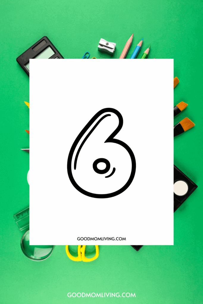 A stylized black and white number 6 on a white background, surrounded by various stationery items like colored pencils, a sharpener, a calculator, and brushes on a green surface.
