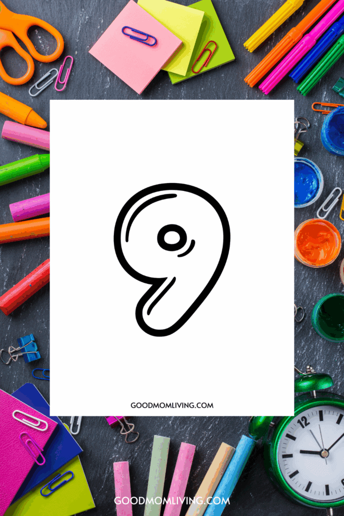 A stylized black number nine on a white background, surrounded by colorful stationery items like crayons, paperclips, markers, and a green clock, all placed on a dark surface.