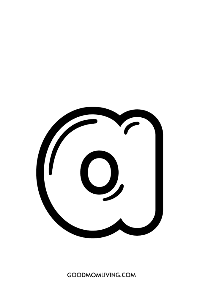Outlined lowercase letter 'a' with a thick black border on a white background. Text at the bottom reads 'GOODMOMLIVING.COM'.