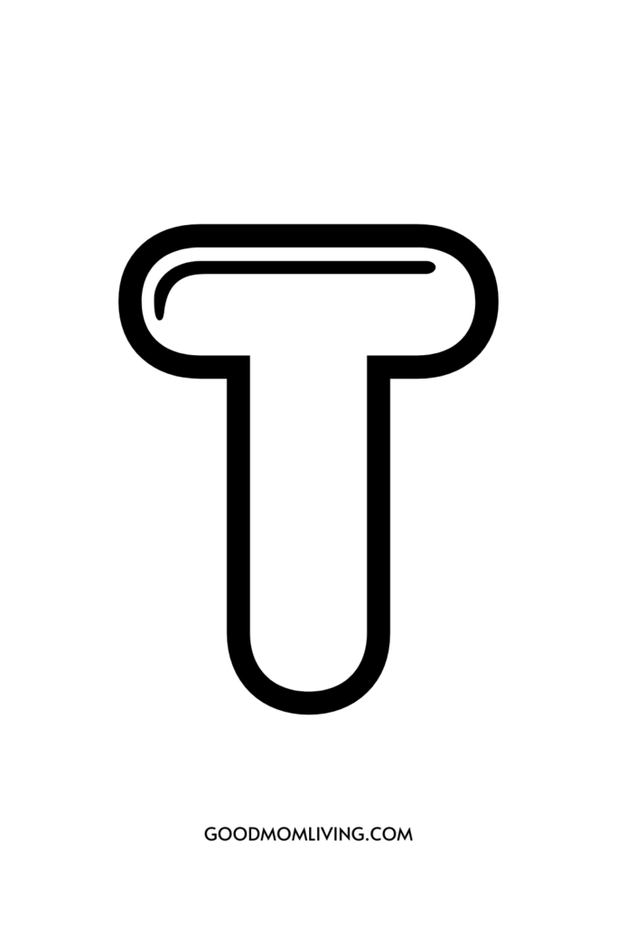 A large black letter 'T' with a rounded design, centered on a white background. At the bottom, the text 'GOODMOMLIVING.COM' is displayed in small font.