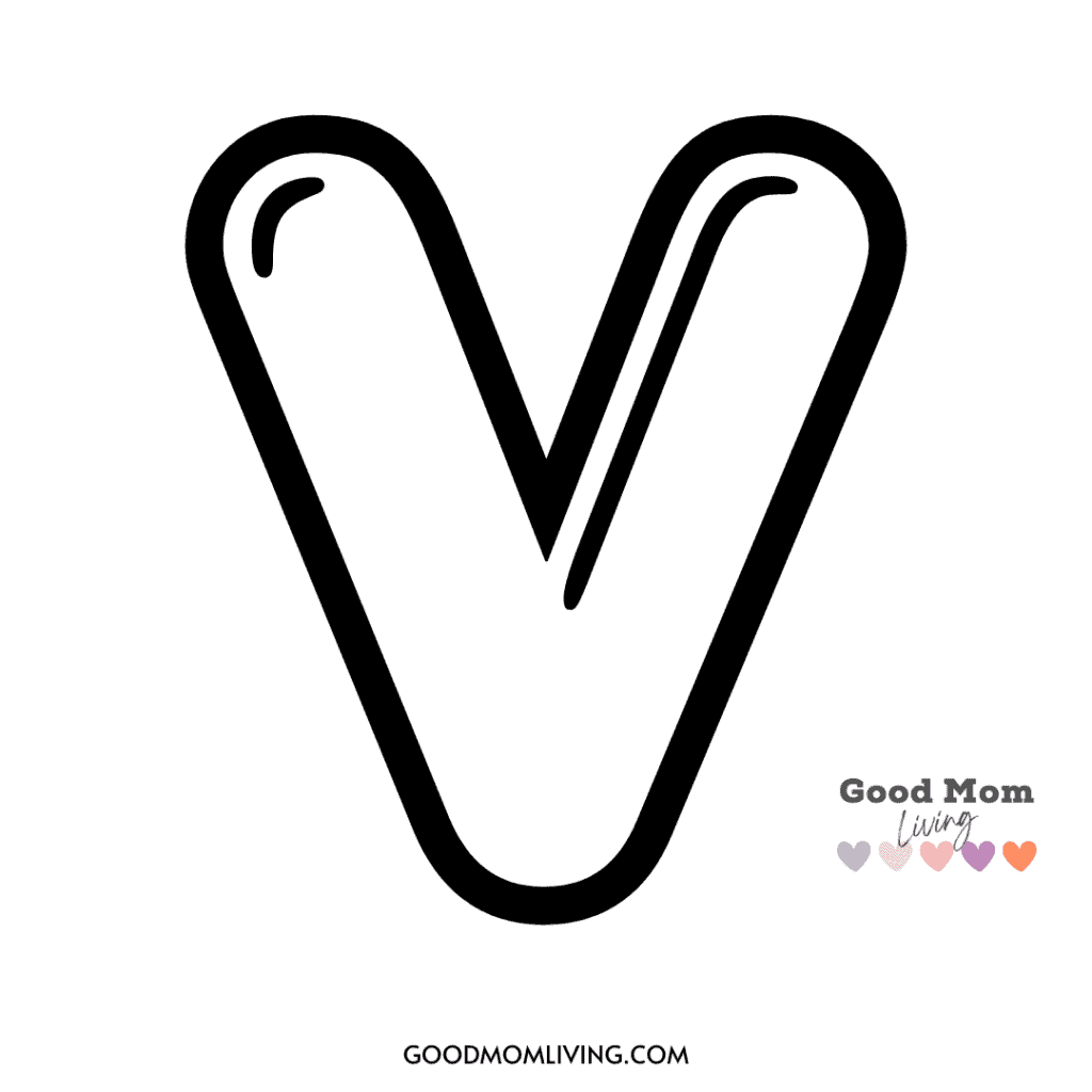 A capital letter 'V' with a rounded, thick black outline on a white background, featuring a small logo in the corner that says 'Good Mom Living' with heart icons below.