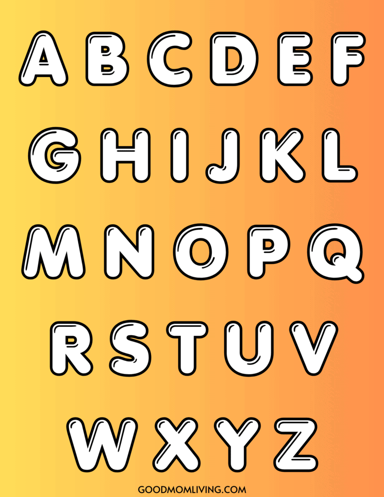 A colorful alphabet chart displaying bold, outlined capital letters A to Z on a yellow to orange gradient background.