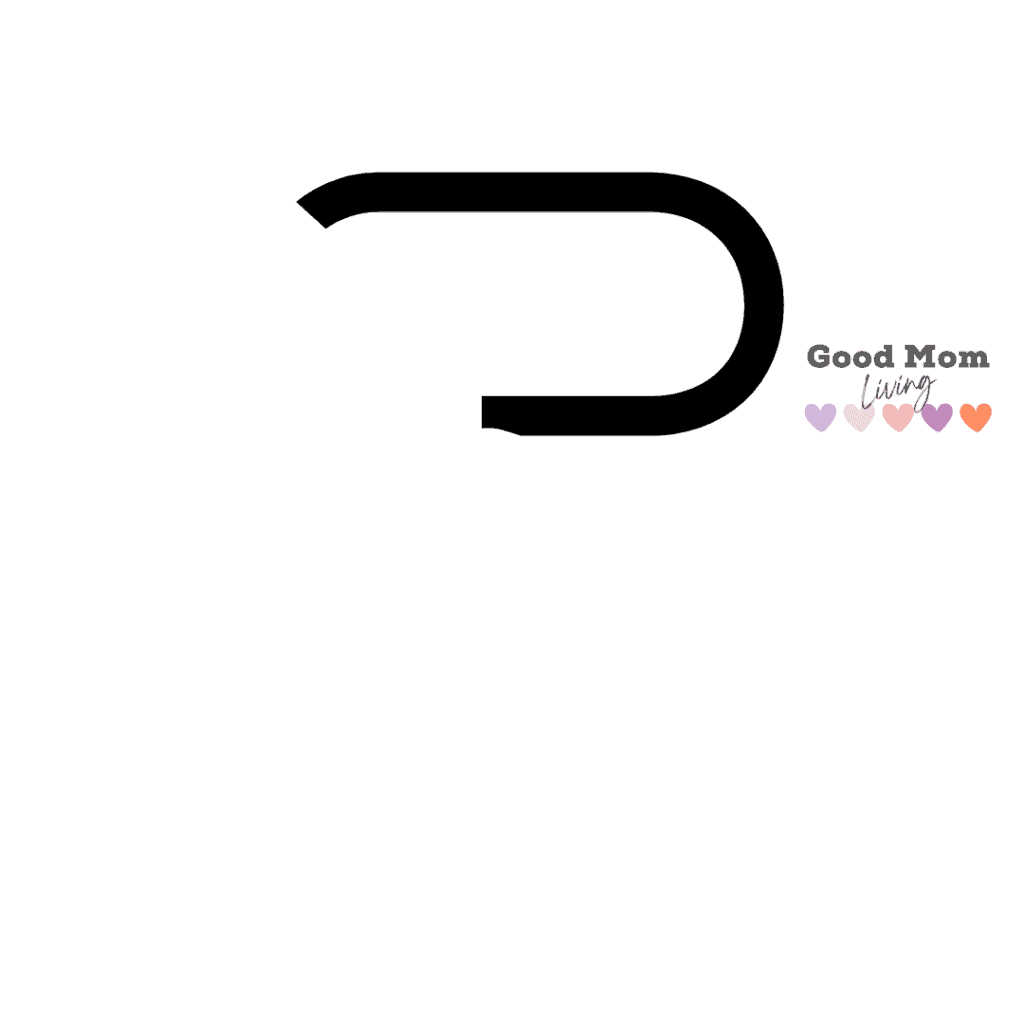 The image features a minimalistic abstract design with a large black curved line and the text "Good Mom Living" next to a series of small purple, pink, and orange hearts on a white background.
