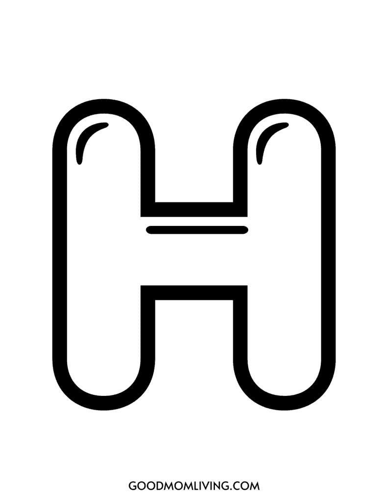 Illustration of the letter 'H' with a cartoonish face, featuring simple eyes and a mouth, above the text 'GoodMomLiving.com'.
