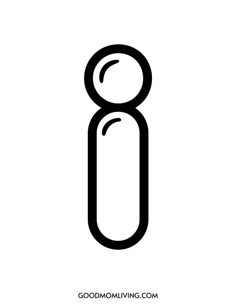 Simple line drawing of a lowercase 'i', with both the dot and body outlined, featuring curved lines inside each segment. The image includes the text 'GOODMOMLIVING.COM' at the bottom.