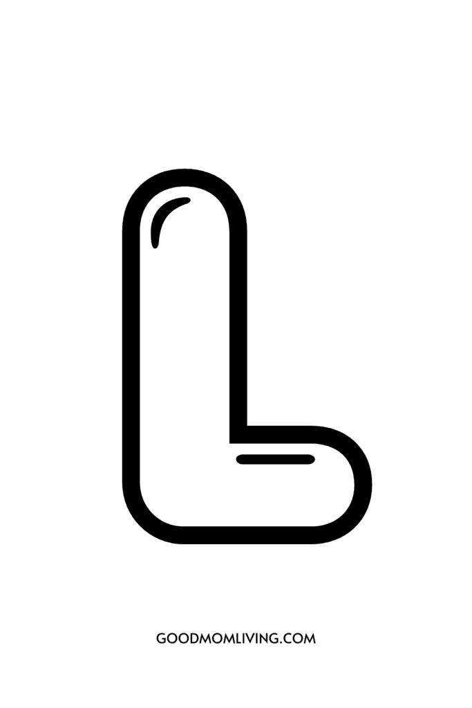 A stylized black and white drawing of the letter L in a playful, rounded design.