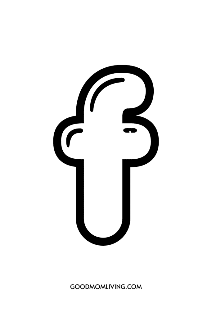 A stylized lowercase letter 'f' outlined in black against a white background, with the website 'GOODMOMLIVING.COM' printed below.