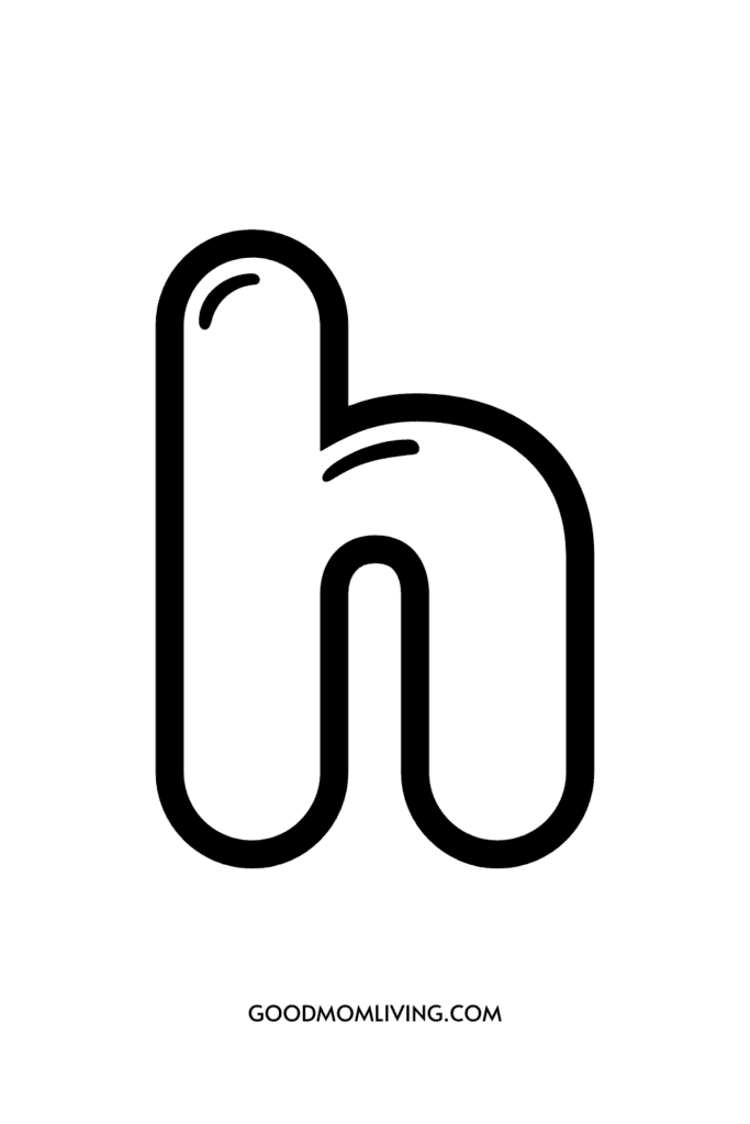 Stylized lowercase letter 'h' with a playful design, featuring a small curved accent above it, on a plain white background with the text 'GOODMOMLIVING.COM' at the bottom.