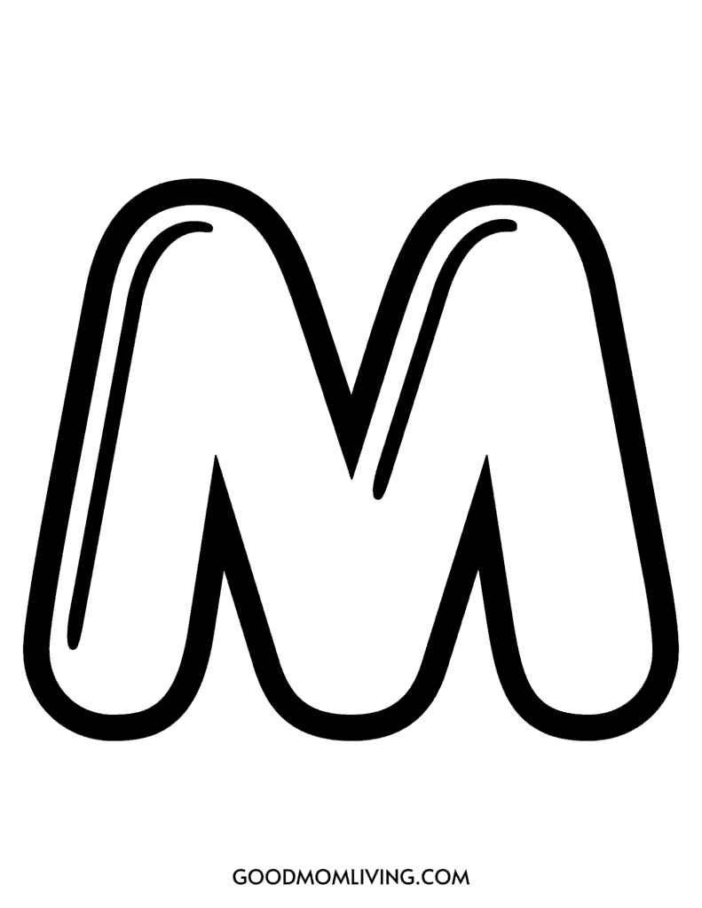 A black outline of the letter 'M' with a smooth, stylized design, and the text 'GOODMOMLIVING.COM' below it.