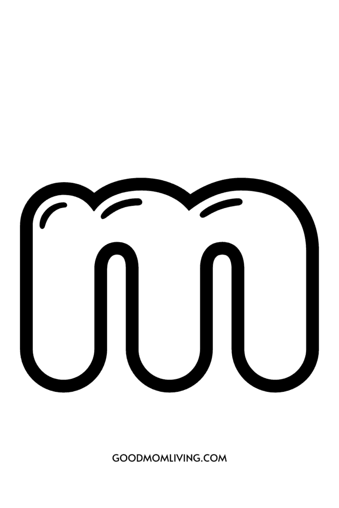 A stylized letter 'm' in bold black outline with cartoonish eyes on top, displayed above the text 'GOODMOMLIVING.COM'.