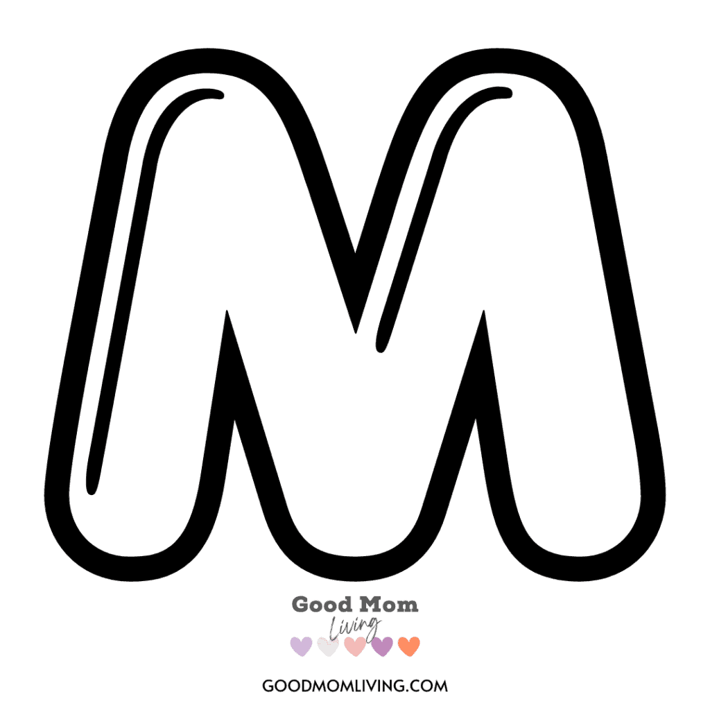 A bold, black outlined capital letter 'M' on a white background, with the text "Good Mom Living" and colored hearts below.