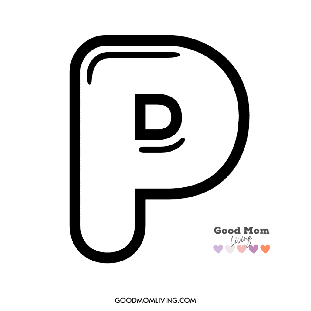Black and white illustration of a stylized letter 'P' with a smaller letter 'D' inside, featuring the text "Good Mom Living" and a row of colorful hearts at the bottom right corner.