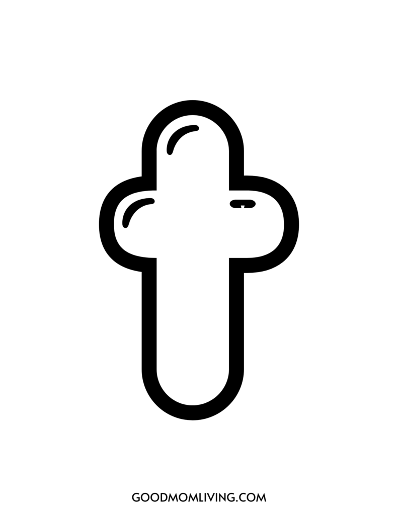A stylized, minimalist drawing of a cross-like shape with two curved lines inside resembling a face with closed eyes, and a small horizontal line at the bottom suggesting a mouth.