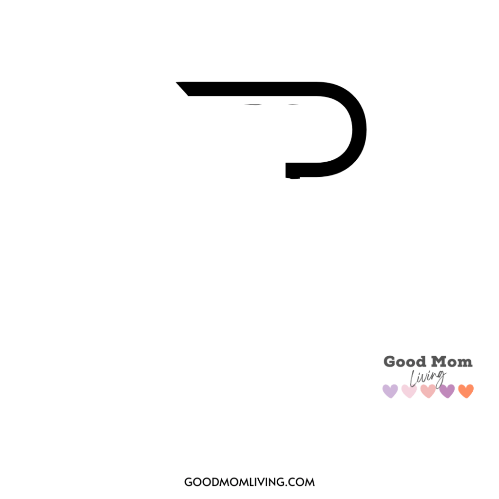 The capital letter 'P' is prominently featured in black on a white background, with the "Good Mom Living" logo and website URL at the bottom right corner, including four heart icons in shades of pink, purple, and orange.