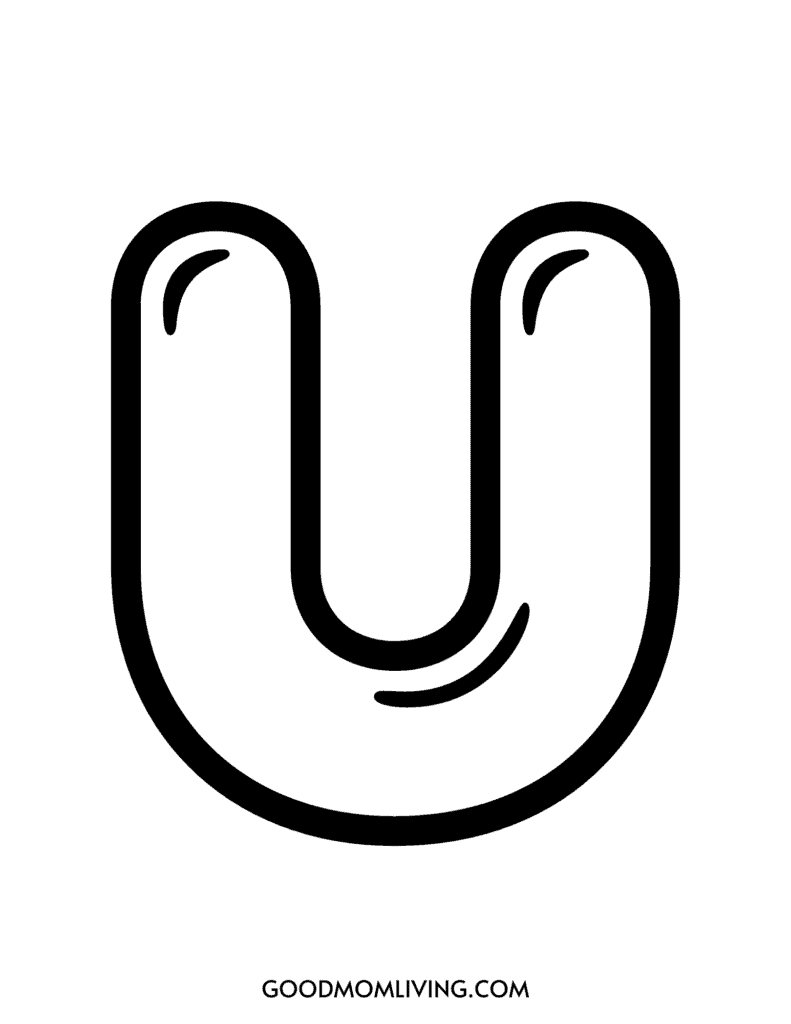 A minimalist black and white illustration of the letter 'U' with eyes and a smiling mouth, resembling a cartoon face.