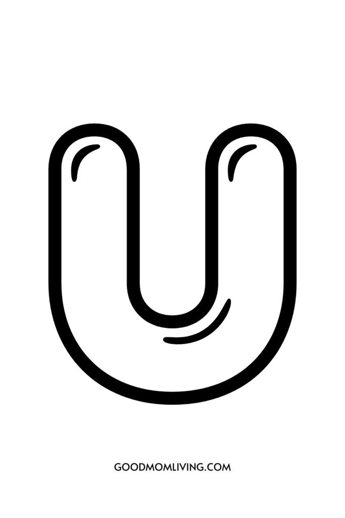 A stylized black letter 'U' on a white background, with a rounded font and a glossy appearance, featuring reflections at the top curves. The website URL 'GOODMOMLIVING.COM' is displayed at the bottom in small text.