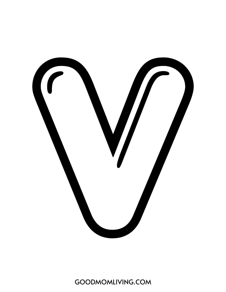 A black outline of a stylized letter "V" with curved edges on a white background, accompanied by the text "GOODMOMLIVING.COM" at the bottom.