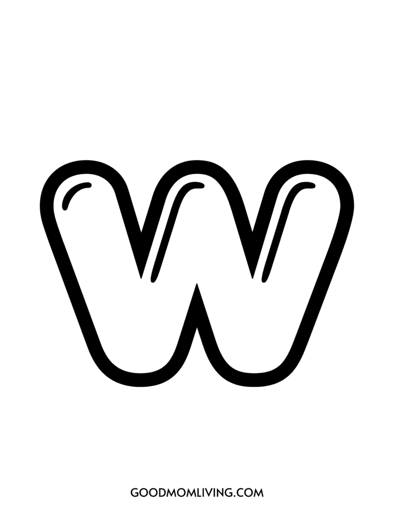 Bold black outline of the letter 'W' on a white background, with 'GOODMOMLIVING.COM' printed at the bottom.