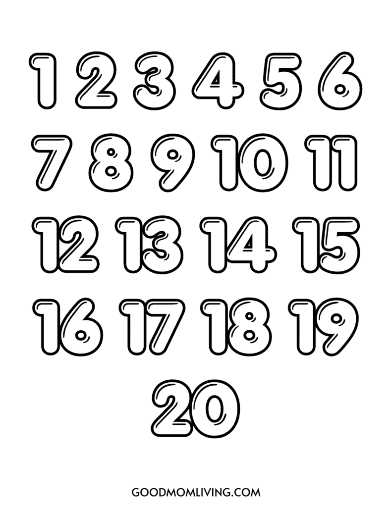 A collection of bold, outlined numbers from 1 to 20, arranged in five rows on a white background.