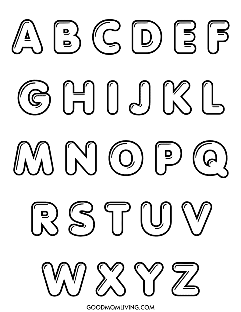 Outlined bubble letters of the alphabet from A to Z, displayed in four rows.