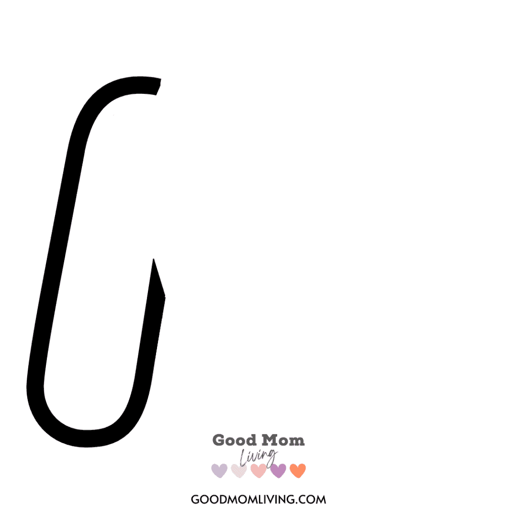Simple abstract shape resembling a black curved line on a white background, with 'Good Mom Living' and a website address at the bottom.
