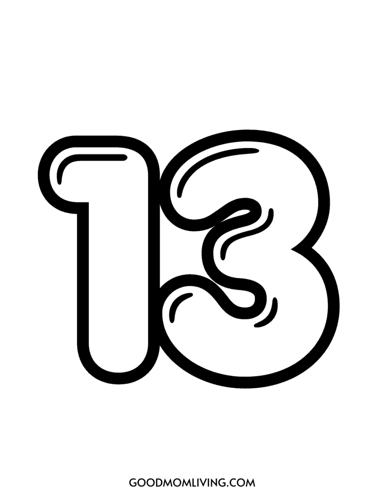 Bold, black outline of the number 13 on a white background with "GOODMOMLIVING.COM" written at the bottom.