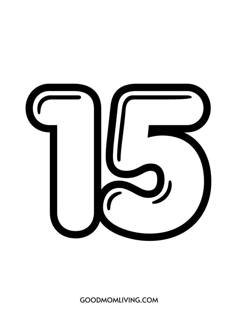 Stylized black and white illustration of the number 15, featuring bold, interconnected digits.