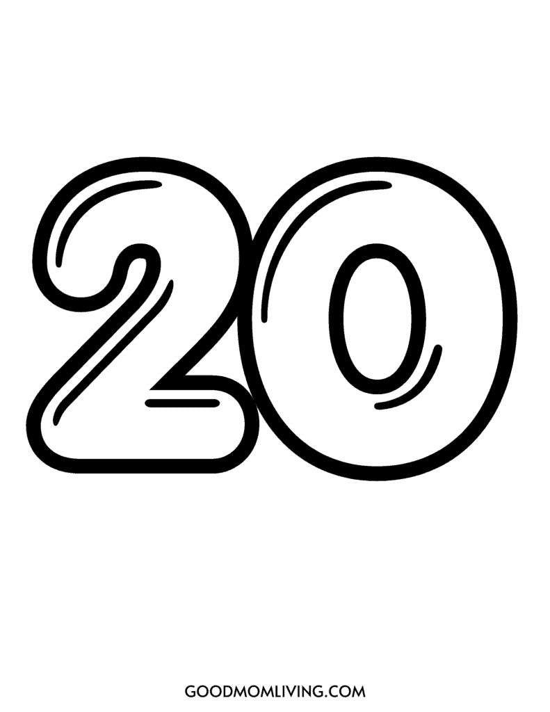Bold black outline of the number 20 on a white background with the text 'GOODMOMLIVING.COM' at the bottom.