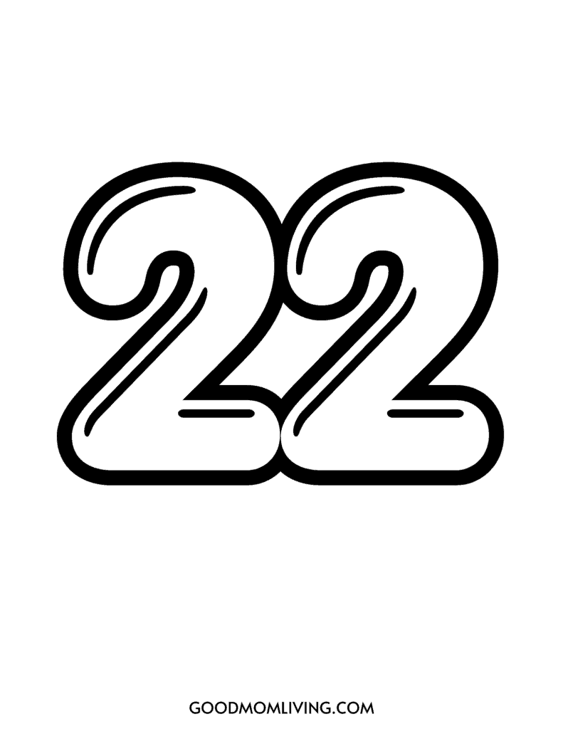 Stylized number '22' with a bold, curvy design on a white background, featuring the text 'GOODMOMLIVING.COM' at the bottom.