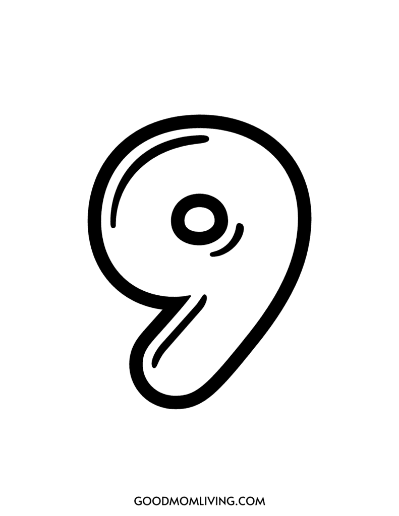 Black and white abstract illustration resembling the number nine with a stylized design, including a large outer loop and a small inner circle; the text "GOODMOMLIVING.COM" is at the bottom.