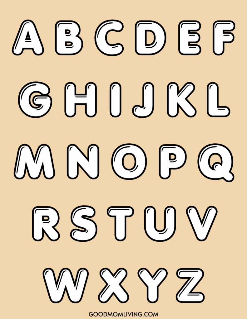A set of bold, outlined uppercase letters from A to Z on a beige background, with a playful and rounded font style.